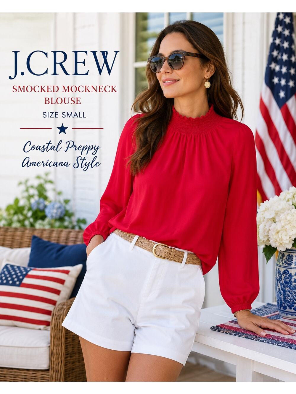 J.Crew Smocked Mockneck Long Sleeve Blouse Hot Pink Red Americana Fourth of July